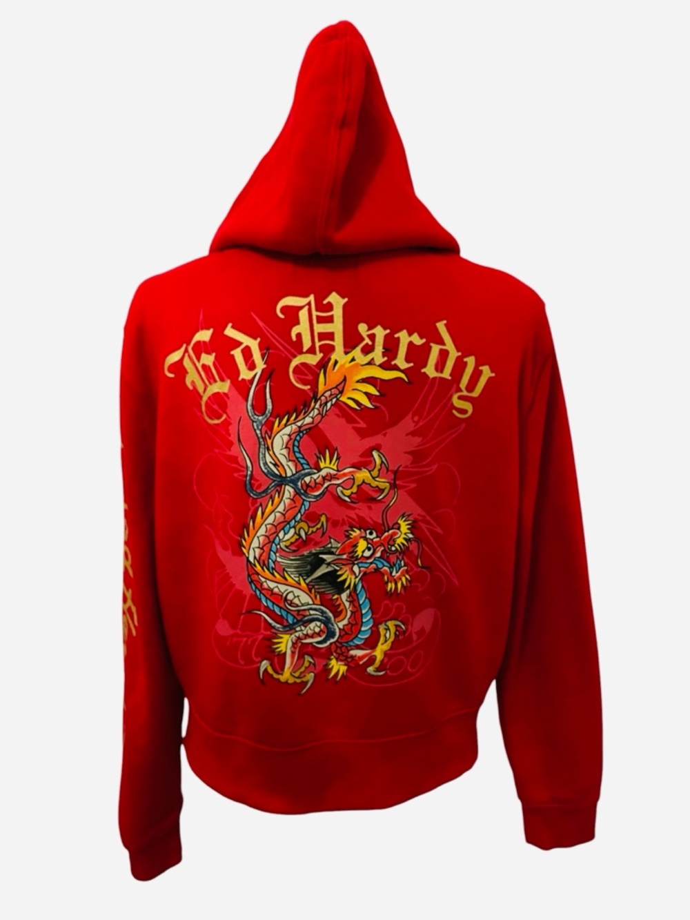 ED BY ED HARDY Dragon Zip Hoodie Red Gold Graphic Y2K Streetwear Size L